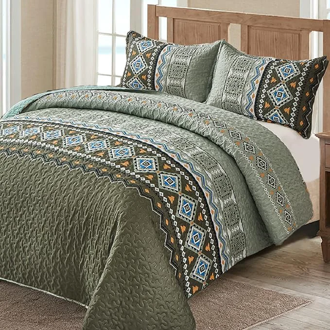 Fashionable WONGS BEDDING Green Boho Quilt Set Full 3 PCS Fall Quilt Bedspread Lightweight Geometry Printed Coverlet Set with 2 Pillowcase Soft Bohemian Bedding Set 78 quot ×90 quot Environmentally Friendly