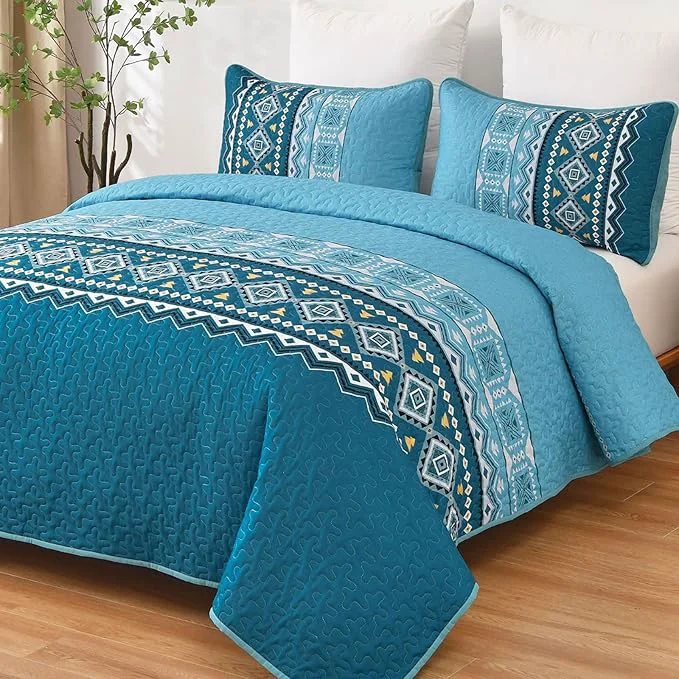 Casual WONGS BEDDING 3 Piece Quilt Set Queen Boho Teal Bedspread Coverlet Set with Geometry Printed for All Season Lightweight Morden Bohemian Bedding Set 104 quot ×90 quot Enhanced