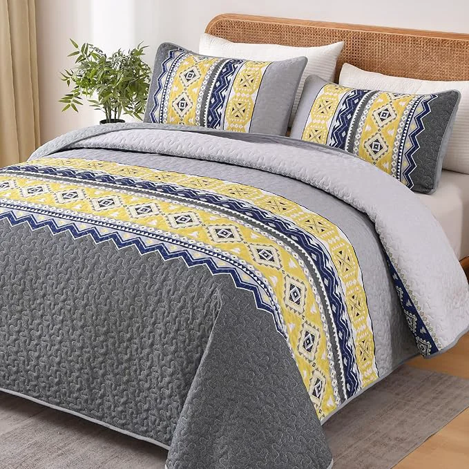 Exceptional WONGS BEDDING 3 Pieces Quilt Set King Size Grey Yellow Quilt Bedspread Lightweight Bohemian Coverlet Set with 2 Pillowcase Soft Geometry Printed Bedding Set King for All Season 104 quot ×90 quot Convenient