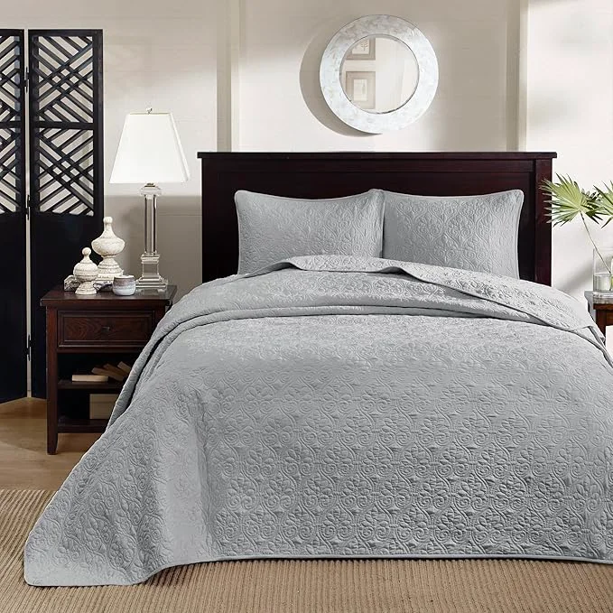 Clean Madison Park Quebec Queen Size Quilt Bedding Set – Grey Damask – 3 Piece Bedding Quilt Coverlets – Ultra Soft Microfiber Bed Quilts Quilted Coverlet Functional