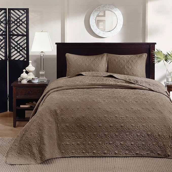 Detailed Madison Park Quebec Reversible Damask Design Double Sided Quilting All Season Lightweight Coverlet Bedspread Bedding Set Matching-Shams King 120 quot x118 quot Mocha Healthy