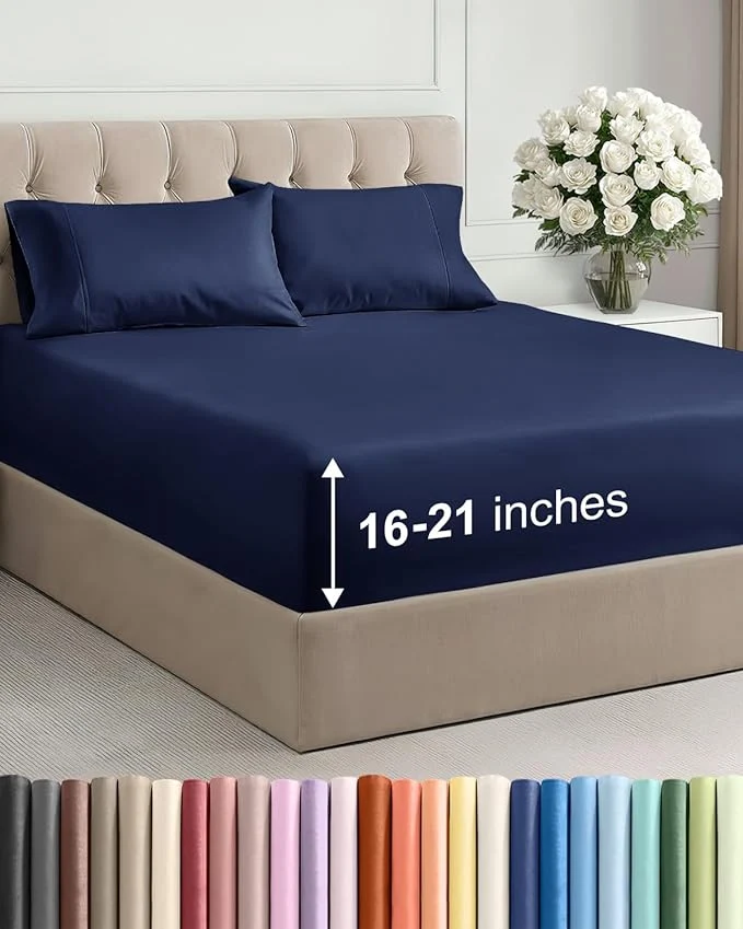 Authentic Extra Deep Pocket King Size Sheet Set – 4 Piece Breathable amp Cooling Bed Sheets – Hotel Luxury Bedding with 16 to 21 inch Extra Deep Pockets – Soft Fade and Wrinkle Resistant – Oeko-Tex – Navy Blue Refined