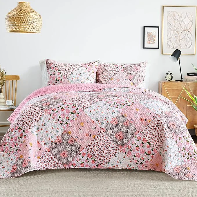 Optimized Whale Flotilla Patchwork Quilt King Size Extra Soft Boho Floral Bedspreads for Bed Reversible Lightweight King Quilt Bedding Set Printed Coverlets with 2 Pillow Shams for All Seasons Pink Pure