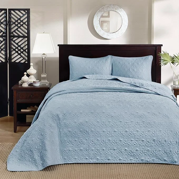 High-Grade Madison Park Quebec Reversible Quilt Set Damask Design Double Sided Stitching All Season Lightweight Bedspread Bedding Set Matching Sham Blue King 120 quot x118 quot 3 Piece High-Performance