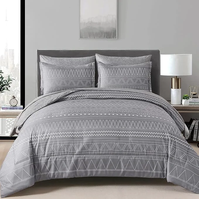 Lightweight WONGS BEDDING 7 Pieces Grey Boho Comforter Set King Size Dark Grey Texture Geometric Bed in a Bag Comforter Reversible Soft Microfiber Bedding Set with Pillowcases amp Shams Flat Sheet Fitted Sheet Stylish