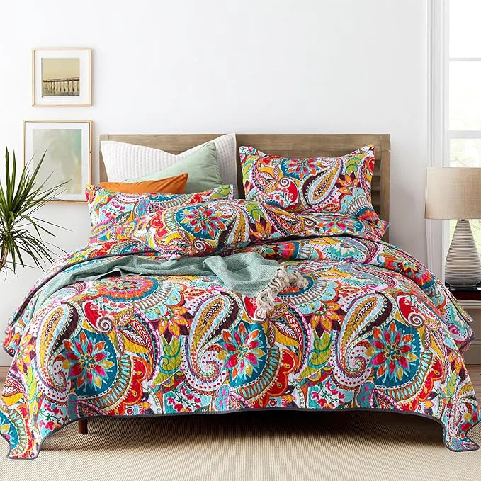 Unique Qucover Cotton Twin Quilt Set 2 Piece Multicolor Paisley Boho Style Twin Bedspread with Pillow Shams 68 quot x86 quot Reusable