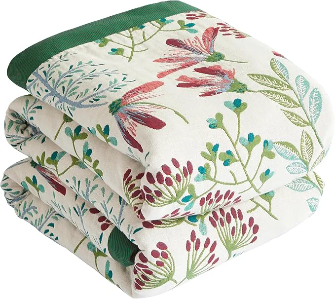 Outstanding Boho Throw Blanket for Bed 60 x80 Cotton Woven Blanket for Couch Sofa Ultra Soft 4-Layer Muslin Quilt with Floral Printed Farmhouse Bed Blanket Cover for Living Room Decor Practical