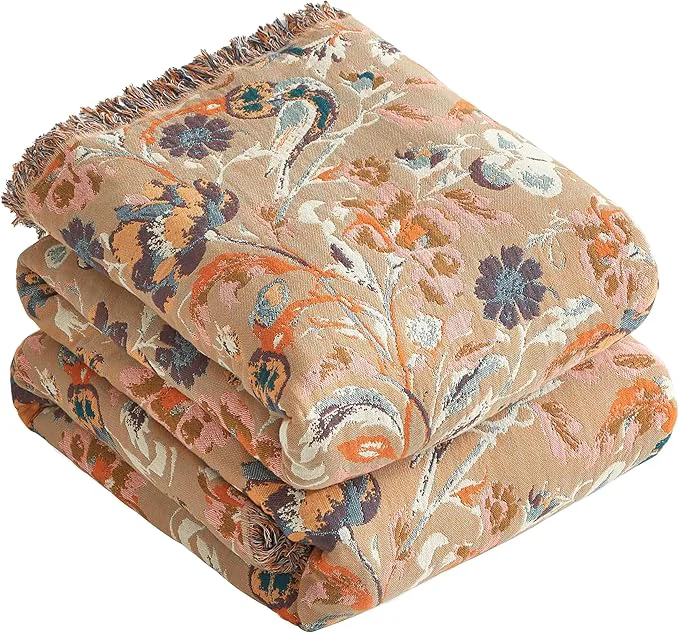 Premium Material Boho Throw Blanket for Bed 90 x98 Cotton Woven Blanket for Couch Sofa Ultra Soft 4-Layer Muslin Quilt with Floral Printed Farmhouse Bed Blanket Cover for Living Room Decor Powerful