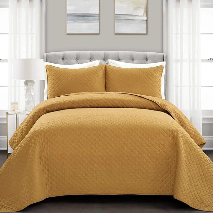 Casual Lush Decor Ava Quilt Diamond Pattern Solid 3 Piece Oversized Bedding Blanket Bedspread Set – Full Queen – Mustard Durable