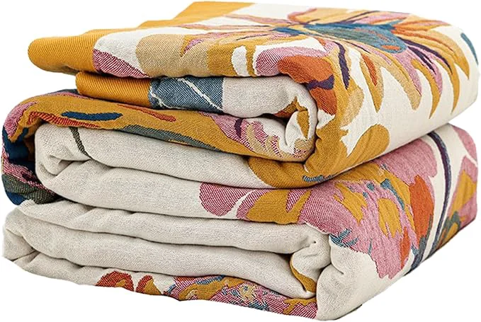 Premium Material Boho Throw Blanket for Bed 80 x90 Cotton Woven Blanket for Couch Sofa Ultra Soft 4-Layer Muslin Quilt with Vintage Floral Printed Farmhouse Bed Blanket Cover for Living Room Decor Traditional
