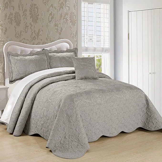 Reusable Home Soft Things Damask 4 Piece Bedspread Set Scalloped Edge Reversible Quilt Coverlet Comforter Prewashed Bedding Set Matelasse Embossed Floral Solid Pattern Ash Gray Oversize Queen 110 quot x 120 quot Clean