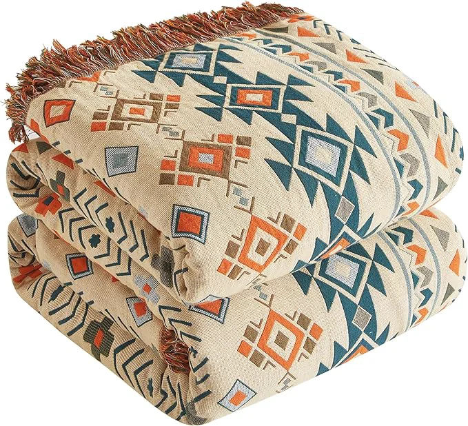 Recyclable Boho Throw Blanket for Bed 80 x90 Cotton Woven Blanket for Couch Sofa Ultra Soft 4-Layer Muslin Quilt with Diamond Pattern Farmhouse Bed Blanket Cover for Living Room Decor Exceptional
