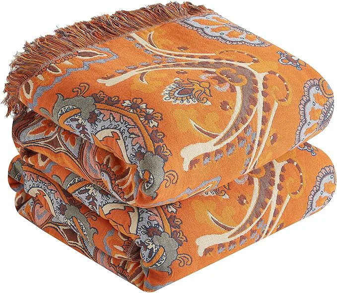 Solid Boho Throw Blanket for Bed 90 x98 Cotton Woven Blanket for Couch Sofa Ultra Soft 4-Layer Muslin Quilt with Floral Printed Farmhouse Bed Blanket Cover for Living Room Decor Proven