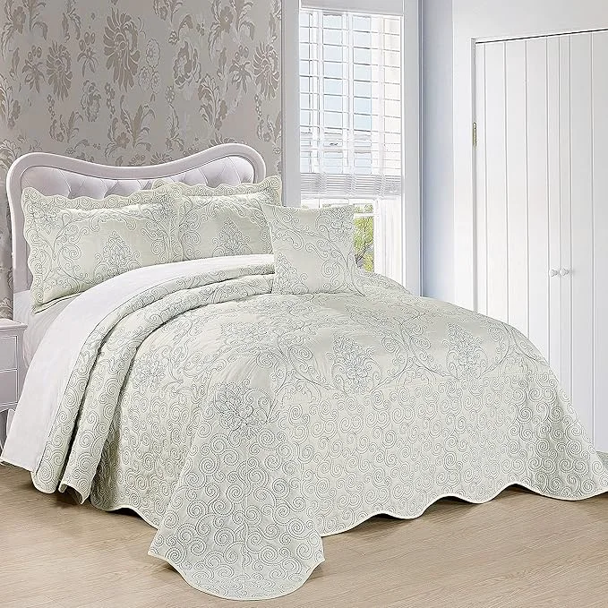 Reliable Home Soft Things Damask 4 Piece Bedspread Set Scalloped Edge Reversible Coverlet Comforter Prewashed Bedding Set Matelasse Embossed Floral Solid Pattern Antique White Oversize King 120 quot x 120 quot Eco-Friendly