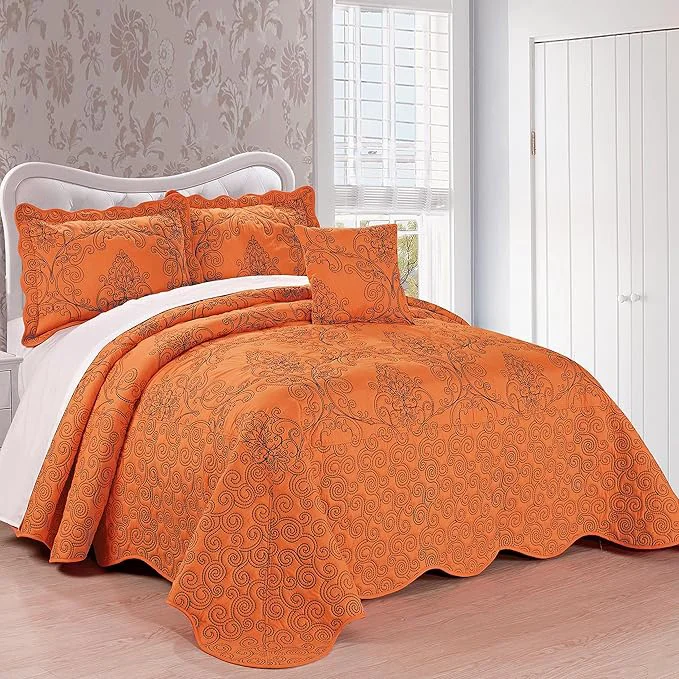 Fine Crafted Home Soft Things Damask 4 Piece Bedspread Set Scalloped Edge Reversible Quilt Coverlet Comforter Prewashed Bedding Set Matelasse Embossed Floral Solid Pattern Nectarine Oversize Queen 110 quot x 120 quot Innovative