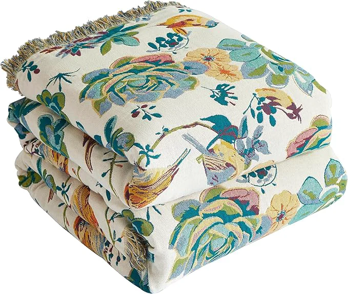 Elite Boho Throw Blanket for Bed 90 x98 Cotton Woven Blanket for Couch Sofa Ultra Soft 4-Layer Muslin Quilt with Floral Printed Farmhouse Bed Blanket Cover for Living Room Decor Sustainable