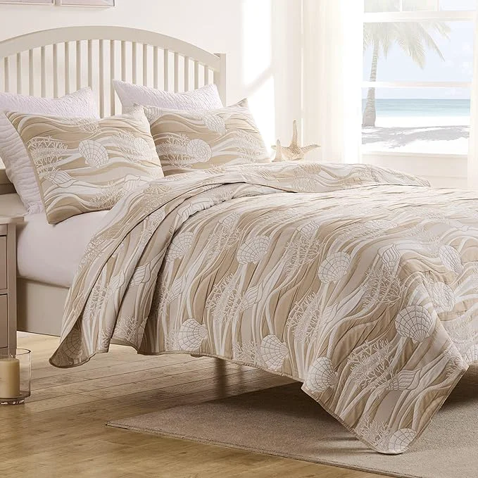 Safe Greenland Home Coastal Paradise Reversible Matelassé Coverlet Set 2-Piece Twin XL Dover Natural Professional