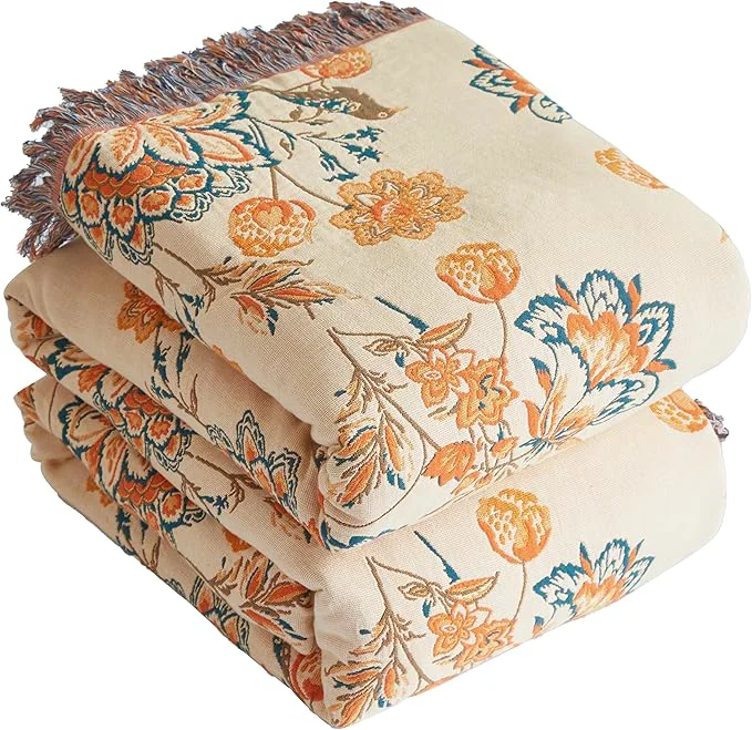 Smooth Boho Throw Blanket for Bed 60 x80 Cotton Woven Blanket for Couch Sofa Ultra Soft 4-Layer Muslin Quilt with Floral Printed Farmhouse Bed Blanket Cover for Living Room Decor Breathable