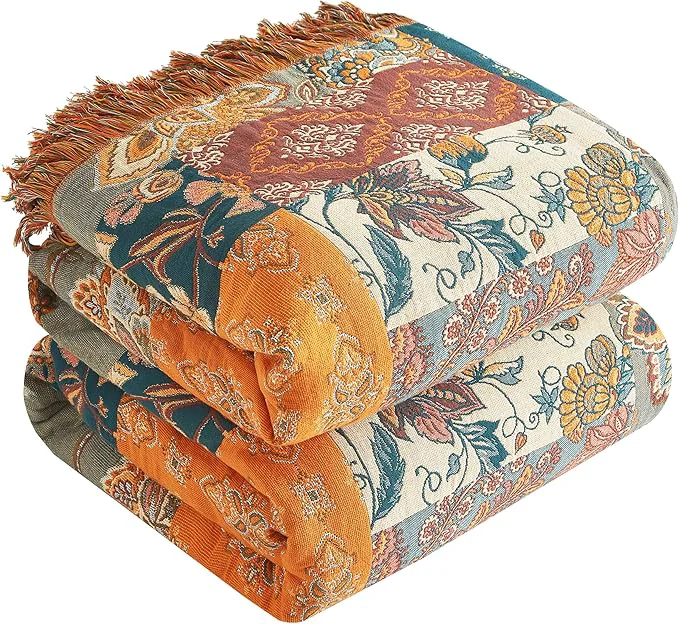 Clean Boho Throw Blanket for Bed 90 x98 Cotton Woven Blanket for Couch Sofa Ultra Soft 4-Layer Muslin Quilt with Patchwork Floral Printed Farmhouse Bed Blanket Cover for Living Room Decor Efficient