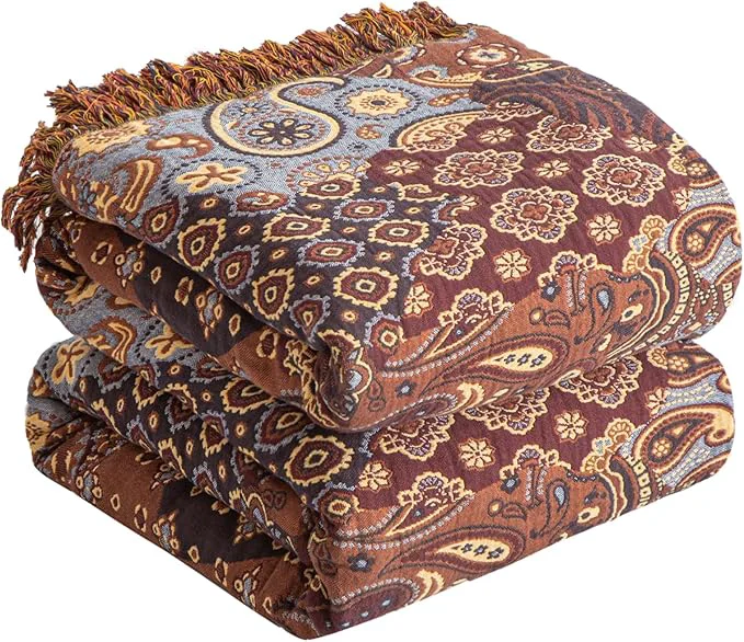 High-End Boho Throw Blanket for Bed 90 x98 Cotton Woven Blanket for Couch Sofa Ultra Soft 4-Layer Muslin Quilt with Floral Printed Farmhouse Bed Blanket Cover for Living Room Decor Minimalist