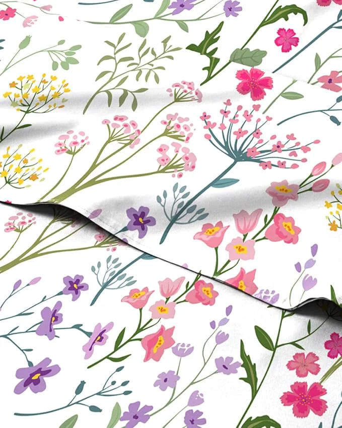 Lightweight Floral Sheets – Flower Print Bed Sheet Set – 1 Flat 1 Fitted amp 2 Pillowcases w Deep Pockets – Comfy Wrinkle amp Fade – Boho Botanical Bedding – Soft Breathable and Cooling – Cal King Size Set Premium