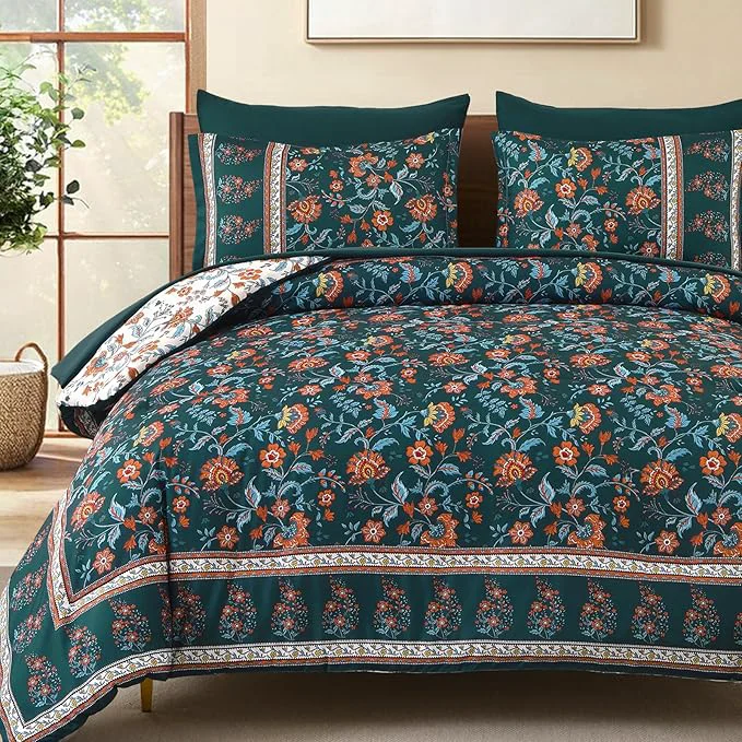 Environmentally Friendly Dinjoy Boho Comforter Set Queen Dark Green Bedding Paisley Floral 7 Piece Bed in a Bag Reversible Lightweight Bohemain Comforters with Sheet Sets for All Season Responsible