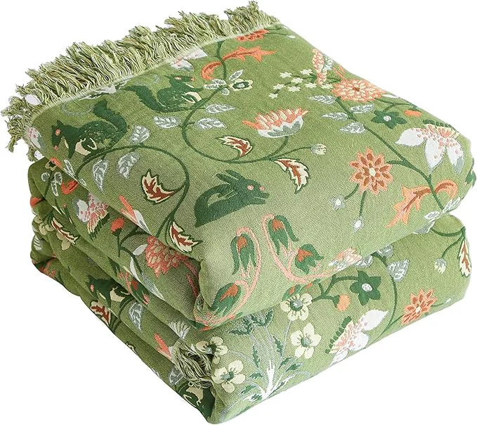 Authentic Boho Throw Blanket for Bed 80 x90 Cotton Woven Blanket for Couch Sofa Ultra Soft 4-Layer Muslin Quilt with Floral Printed Farmhouse Bed Blanket Cover for Living Room Decor Clean
