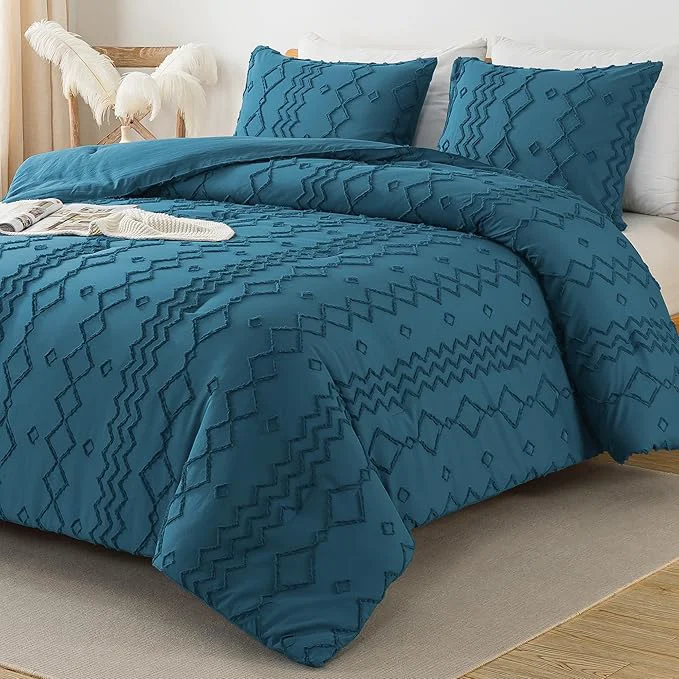Consistent Andency Teal Tufted Comforter Set Queen 90x90Inch 3 Pieces 1 Boho Comforter 2 Pillowcases Textured Farmhouse Bed Soft Microfiber Down Geometric Bedding Set Detailed