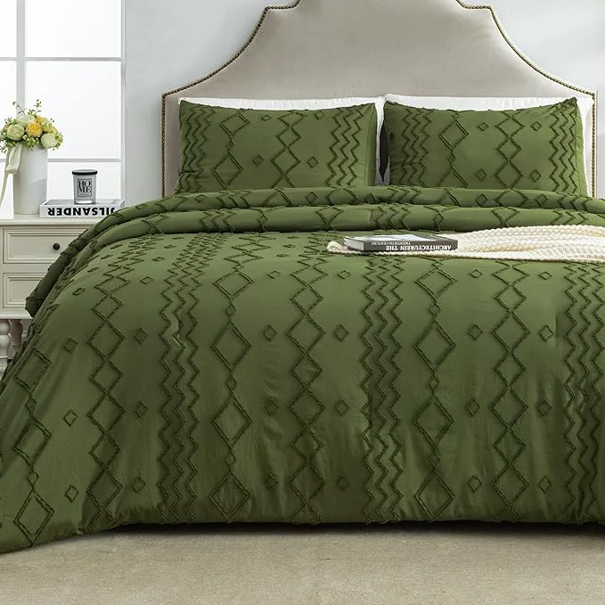 Eco-Friendly Andency Olive Green Tufted Comforter Set Queen 90x90Inch 3 Pieces 1 Boho Comforter 2 Pillowcases Textured Farmhouse Bed Soft Microfiber Down Geometric Bedding Set Premium