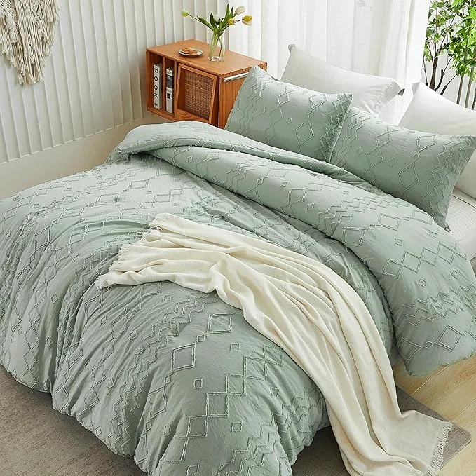 Crafted Andency Sage Green Tufted Comforter Set Queen 90x90Inch 3 Pieces 1 Tufts Comforter 2 Pillowcases Boho Textured Farmhouse Bed Microfiber Down Geometric Bedding Set Smart