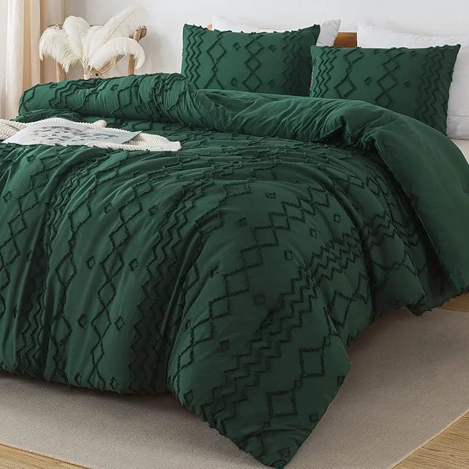 Original Design Andency King Size Comforter Set 3 Pieces Dark Emerald Green Boho Tufted Geometric Shabby Chic Bedding Soft Fluffy Farmhouse Bed Set Jacquard Textured Comforter for All Season 104×90 Inch Dependable