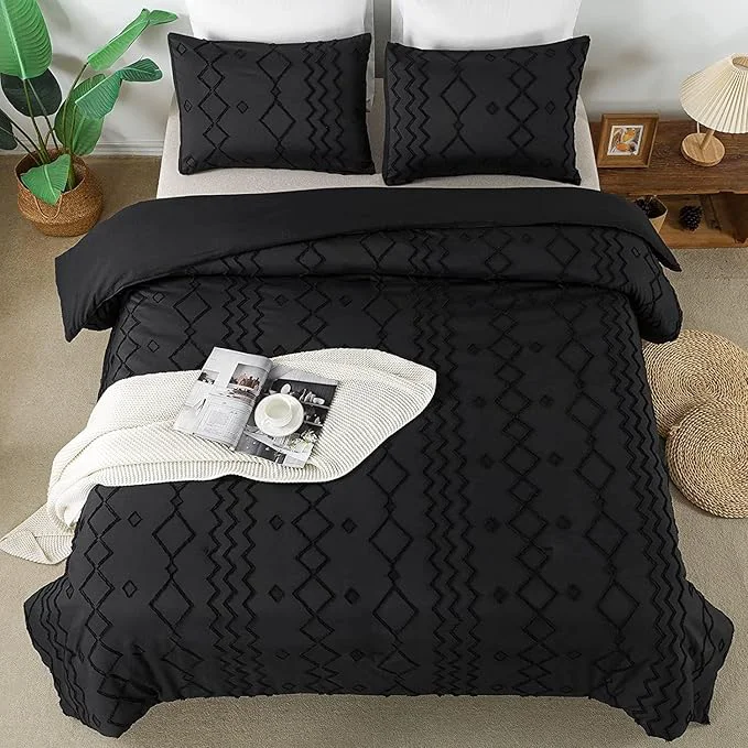 Relaxed Andency Black Tufted Comforter Set King 104x90Inch 3 Pieces 1 Tufts Comforter 2 Pillowcases Boho Textured Farmhouse Bed Set Microfiber Down Geometric Bedding Expertly Made