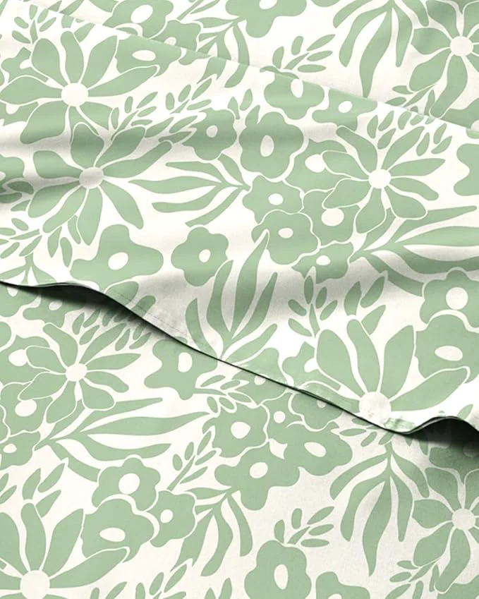 Detailed Floral Sheets – Green Flower Bed Sheet Set – 1 Flat 1 Fitted amp 2 Pillowcases w Deep Pockets – Comfy Wrinkle amp Fade – Boho Botanical Bedding – Soft Breathable amd Cooling – Cal King Size Set Expertly Made