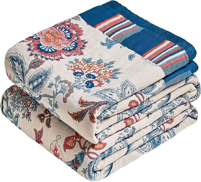Organic MSGKV Boho Throw Blanket 90 quot x108 quot Cotton Floral Blanket for Bed Spring Breathable Lightweight King Blankets All Seasons Home Decor Muslin Green