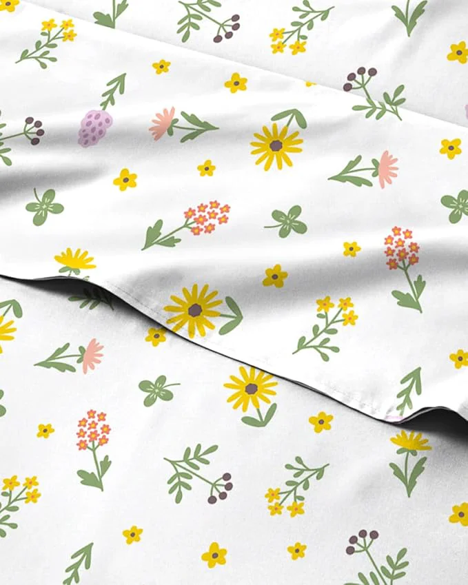 Pure Floral Sheets – Flower Print Bed Sheet Set – 1 Flat 1 Fitted amp 2 Pillowcases w Deep Pockets – Comfy Cozy Wrinkle amp Fade – Boho Botanical Bedding – Soft Breathable amp Cooling – Queen Size Set Verified