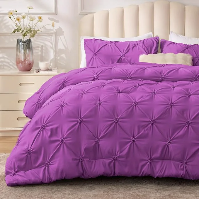 Secure BEDELITE Purple Queen Comforter Set – 3 Pieces Boho Pintuck Bedding Comforter Sets Lightweight Soft amp Warm Bed Comforter Queen with 2 Pillowcases for All Season Crafted