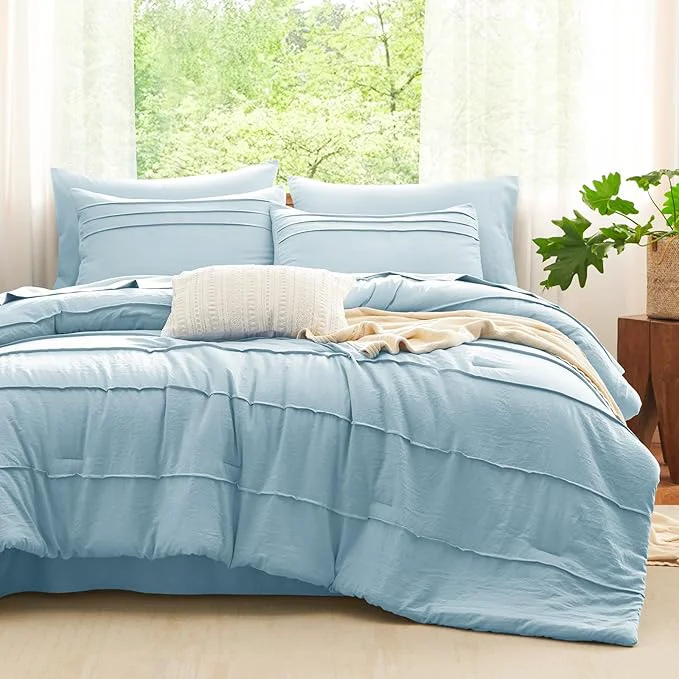 Environmentally Friendly CozyLux King Size Comforter Set Light Blue 7 Pieces Soft Pinch Pleat Bed in a Bag King Comforter Set with Sheets Boho Bed Set with Down Comforter Sheets Pillowcases amp Shams Optimized