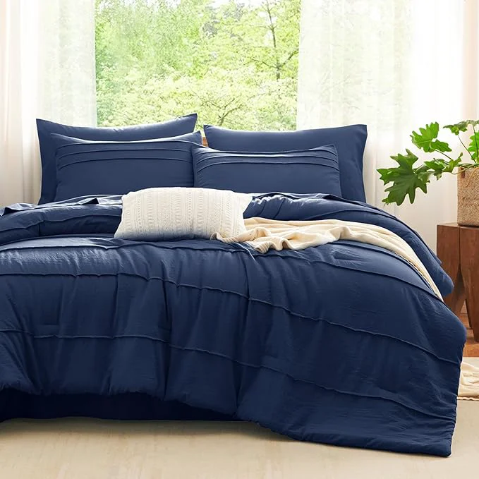 Clean CozyLux King Size Comforter Set Navy Blue 7 Pieces Soft Pinch Pleat Bed in a Bag King Comforter Set with Sheets Boho Bed Set with Down Comforter Sheets Pillowcases amp Shams Durable