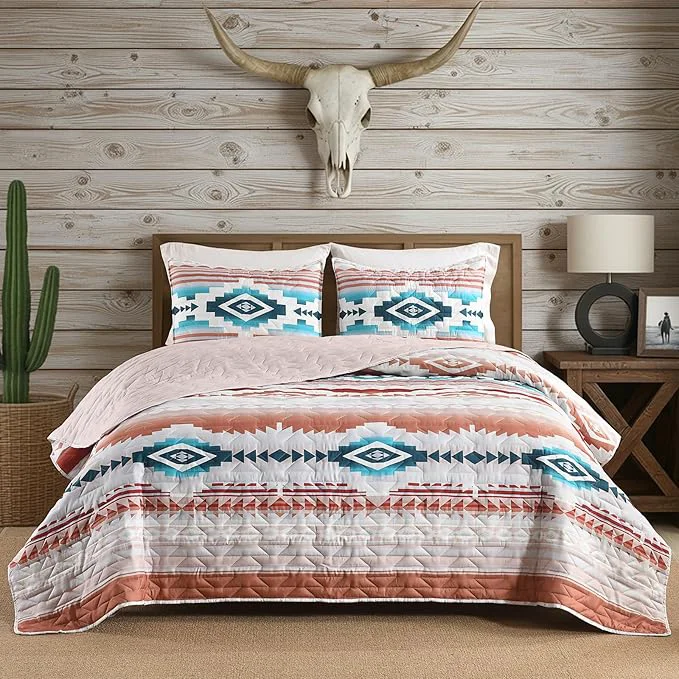 Authentic HORIMOTE HOME Southwestern Aztec Quilt Set Queen Full Size – 3-Piece Tribal Geometric Pattern Bedspread with 2 Pillow Shams Boho Rustic Bedding Set All Season Quilted Coverlet （Terracotta Teal） Practical