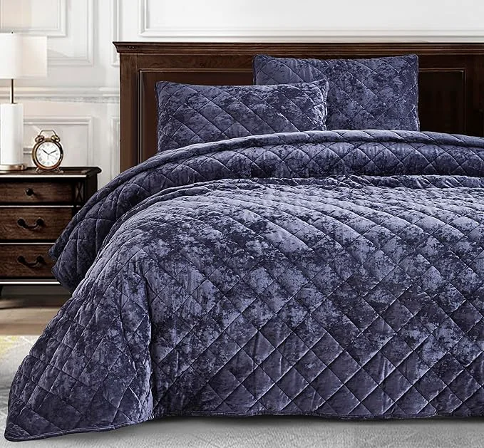 Fine Chezmoi Collection Lux Purple Velvet Quilt King Set 3-Piece Plush Distressed Velvet Bedding All Season Lightweight Comforter Brushed Microfiber Reverse with Diamond Stitch Quilting Official