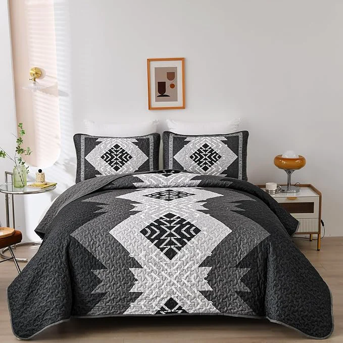 Elegant Dintszyayue Boho Quilt Set King Size 3 Pieces Black Grey Aztec Texture Bedspread Coverlet Set Bohemian Quilt Bedding Set Microfiber Lightweight Bed Cover for All Seasons 90 quot ×103 quot Practical