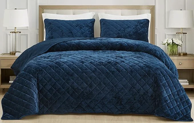 Selected Chezmoi Collection Lux Navy Blue Velvet Quilt King Set 3-Piece Plush Distressed Velvet Bedding All Season Lightweight Comforter Brushed Microfiber Reverse with Diamond Stitch Quilting Durable