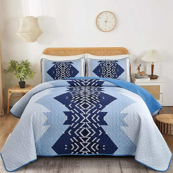 Dintszyayue Boho Quilt Set King Size Blue Bedspread 3 Pieces Geometric Aztec Pattern Bedding Coverlet Set Bohemian Quilt Bedding Set Soft Microfiber Quilt Bed Spread for All Season Blue 90 quot x103 quot Modern