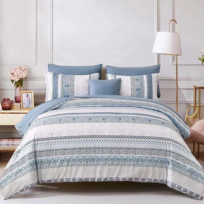 Fashionable Cottolester Boho Comforter Set Queen Size Light Blue Comforter Set 8 Piece Bed in a Bag Paisley Floral Bedding Sets All Season Smooth