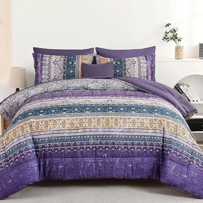 Smooth Cottolester Boho Queen Comforter Set 8 Pieces Violet Bohemian Striped Bed in a Bag Paisley Soft Microfiber Bedding Comforter Set Green