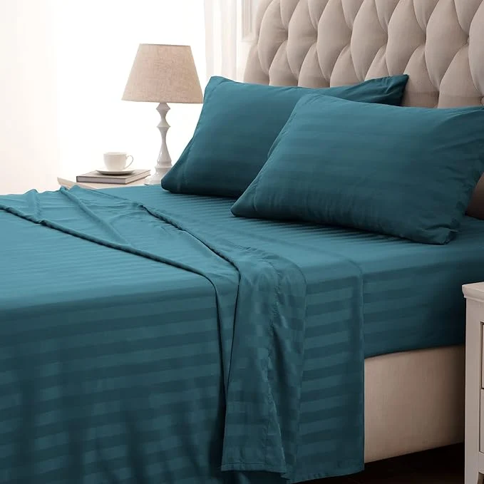 Unique SLEEP ZONE Striped Cooling Sheets Set Full Size – Fitted Flat Sheet amp Pillowcase Sets 4 Piece – Super Soft Stripe Bed Sheet Easy Care Deep Pocket Teal Full Sophisticated