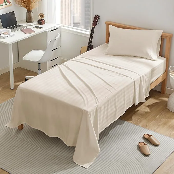 Quality SLEEP ZONE Striped Cooling Twin Sheets Set for Kids – Fitted Flat Sheet amp Pillowcase Sets 3 Piece – Super Soft Stripe Bed Sheet Easy Care Deep Pocket Beige Twin Premium