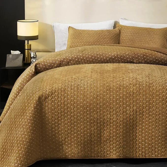 Elite Powdion Velvet Quilt Queen Oversized Bedspread Quilted Bedding Set Luxurious Soft Coverlet Set Lightweight Velvet Comforter with 2 Pillow Shams Brwon 90×96 Cross Stitch Striped Quilt Queen Fine