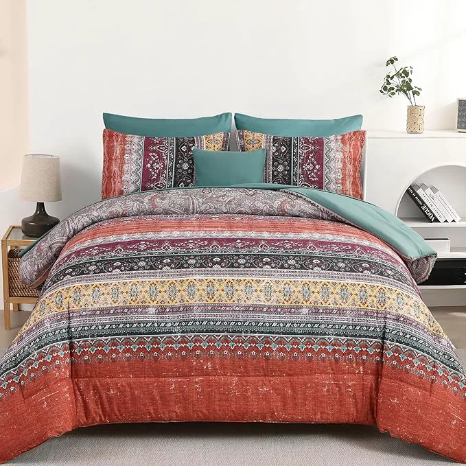 Original Cottolester Boho King Size Comforter Set 8 Pieces Orange and Green Bohemian Striped Bed in a Bag Paisley Soft Microfiber Bedding Comforter Set Expertly Made