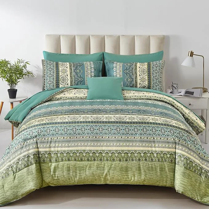 Fashionable Cottolester Boho King Comforter Set 8 Pieces Green Bohemian Comforter Paisley Striped Bed in A Bag Soft Microfiber Bedding Set for All Season